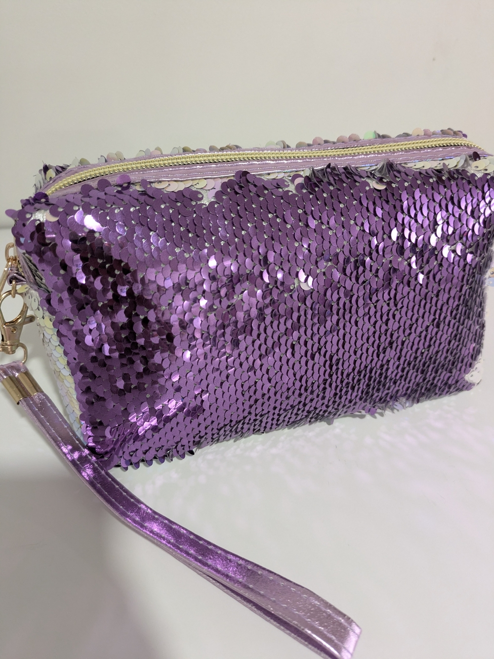 Two-Tone Iridescent Sequin Evening Clutch Wristlet | Purple & Silver Glam Party